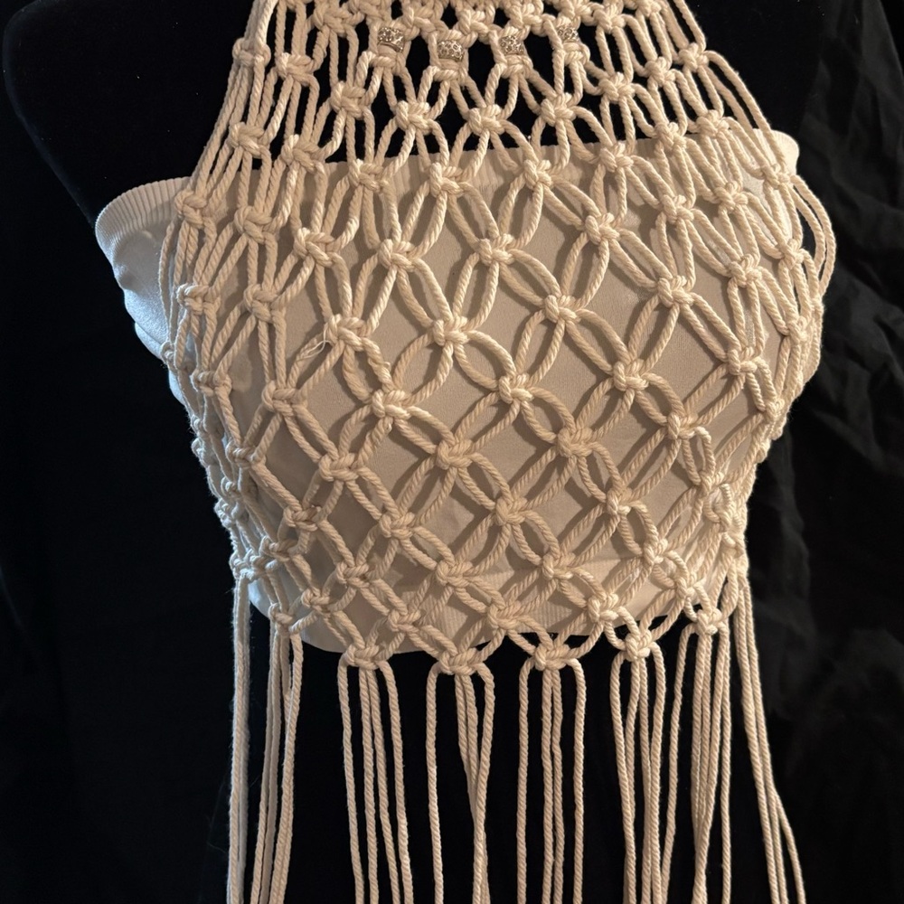 Elegant Cream Macramé Halter Top